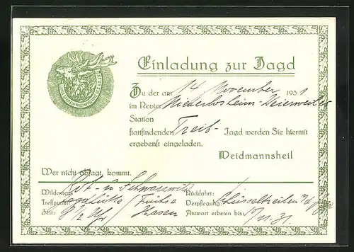 Künstler-AK Jagdeinladung mit Hirschkopf, 1931, Landsverein Rheinprovinz des A.D.J.V.