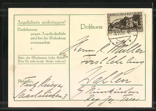 Künstler-AK Jagdeinladung mit Hirschkopf, 1931, Landsverein Rheinprovinz des A.D.J.V.