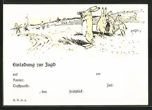 Künstler-AK Hasen halten Ausschau nach Jägern, Fernglas, Jagdeinladung