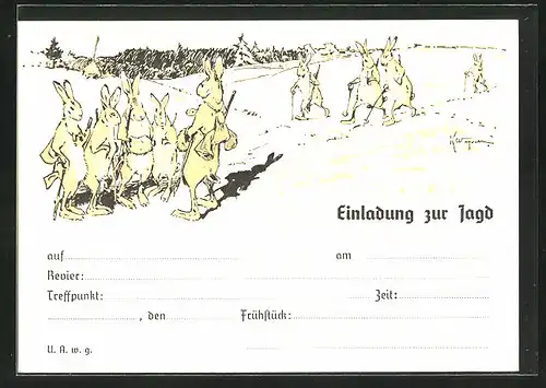 Künstler-AK Hasen auf der Jagd im Winter, Jagdeinladung