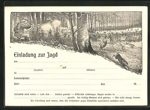 Künstler-AK Jagdeinladung mit Jagdszene im Wald