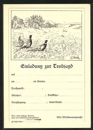 Künstler-AK Jagdeinladung mit Fasanen auf dem Feld