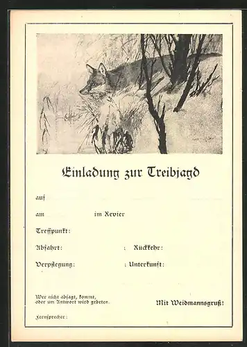 Künstler-AK Jagdeinladung mit Fuchs auf der Pirsch