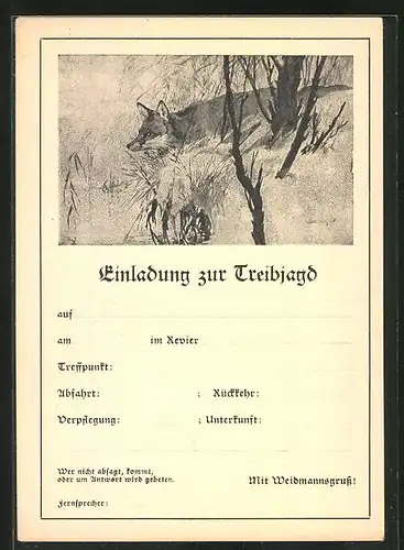 Künstler-AK Jagdeinladung mit Fuchs an der Tränke