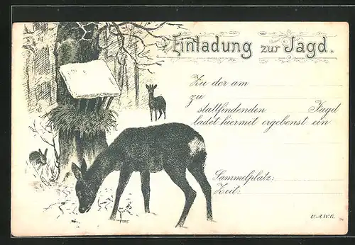 AK Einladung zur Jagd, Rehe und Hase am Baum im Winter