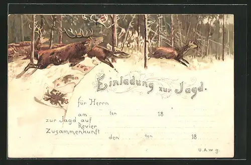 AK Einladung zur Jagd, Hirsch und Rehe im Wald