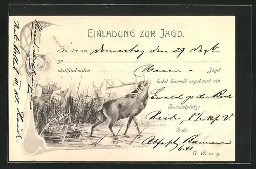 AK Einladung zur Jagd, Röhrender Hirsch und Rehe