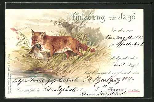 AK Einladung zur Jagd, Fuchs mit erlegter Ente im Maul