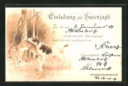 AK Einladung zur Hasenjagd, Hund mit erlegtem Hasen im Maul