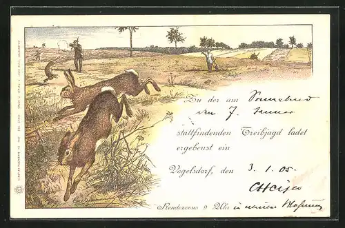 Lithographie Vogelsdorf, Einladung zur Treibjagd, Jäger schiesst auf Hasen