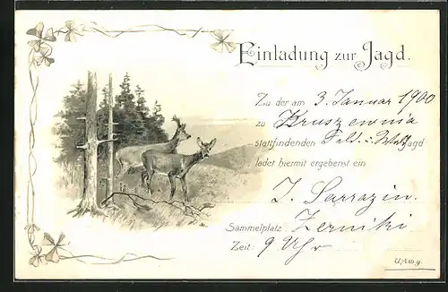 AK Einladung zur Jagd, Reh und Rehbock auf einer Wiese