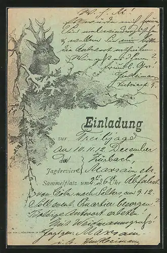 Künstler-AK Einladung zur Treibjagd, Dreiendiger Rehbock