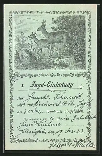 Künstler-AK Jagdeinladung 1923, Rehbock und Ricke am Waldrand