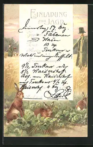 AK Jagdeinladung 1907, Hasen im Kohlfeld