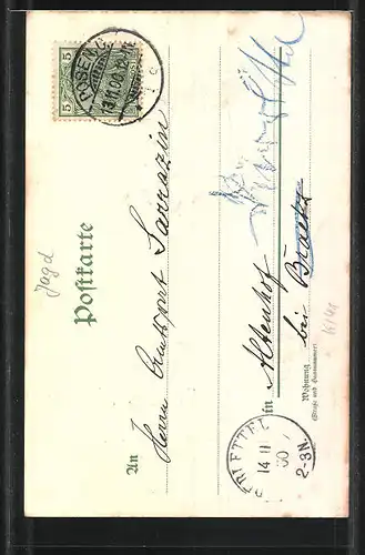 Präge-AK Jagdeinladung 1900, Hase springt über eine Flinte