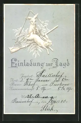 Präge-AK Einladung zur Jagd in Kaiserhof am 12.12.1900, Hase springt über eine Flinte