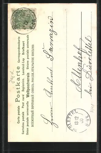 Präge-AK Einladung zur Jagd in Kaiserhof am 12.12.1900, Hase springt über eine Flinte