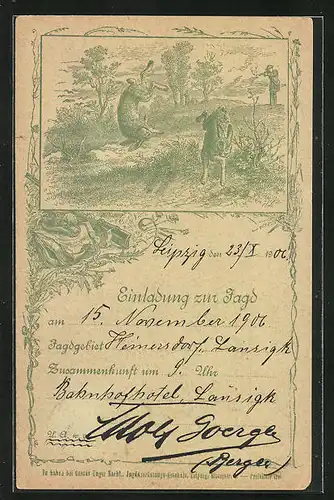Künstler-AK Einladung zur Jagd in Heinersdorf 1906, Jäger schiesst einen Hasen