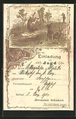 Künstler-AK Einladung zur Jagd am 2.3.1901, Jäger schiesst einen Hasen