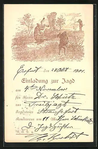 Künstler-AK Einladung zur Treibjagd im Revier Straussfurt 1901, Hasenjäger