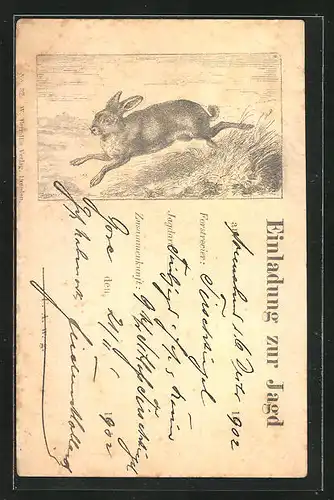 Künstler-AK Einladung zur Jagd am 21.02.1902, Fliehender Hase