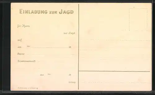 Künstler-AK Jagdeinladung, Fasanen fliehen vor Jagdgesellschaft