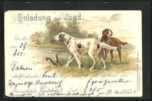 Künstler-AK Jagdeinladung, Jagdhunde auf der Pirsch