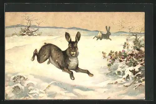 Künstler-AK Jagdeinladung, springende Hasen im Schnee