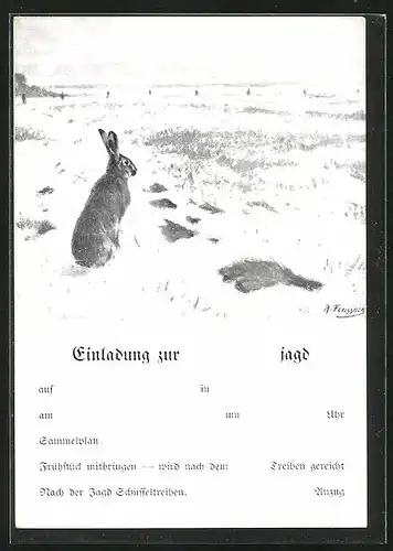 Künstler-AK Jagdeinladung, Hase bemerkt Jäger in der Schneelandschaft