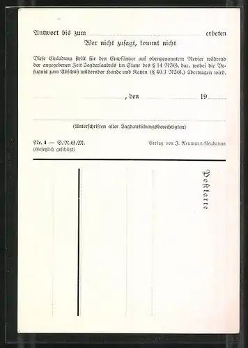 Künstler-AK Jagdeinladung, Hase bemerkt Jäger in der Schneelandschaft