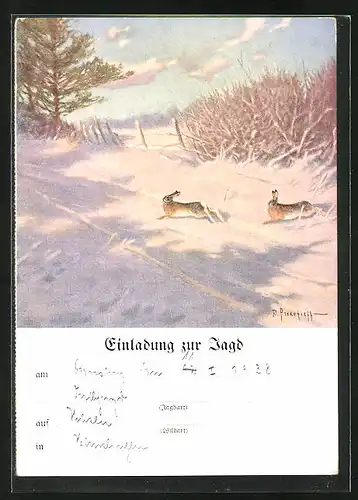 Künstler-AK Jagdeinladung, Zwei Hasen laufen über einen Feldweg