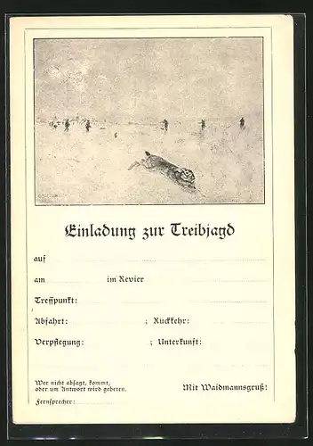 Künstler-AK Jagdeinladung, Hase flieht vor Jagdgesellschaft