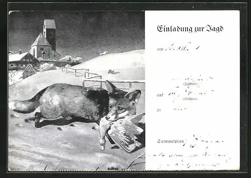 Künstler-AK Jagdeinladung, Gänsedieb schleicht über das verschneite Feld
