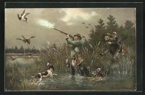 AK Jäger mit Hund schiesst auf eine Ente, Jagdhumor