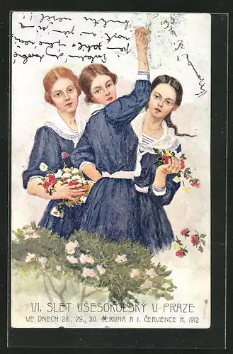 Künstler-AK Praha, VI. Slet Vsesokolsky 1912, Drei Frauen in Matrosenkleidern, Sokol