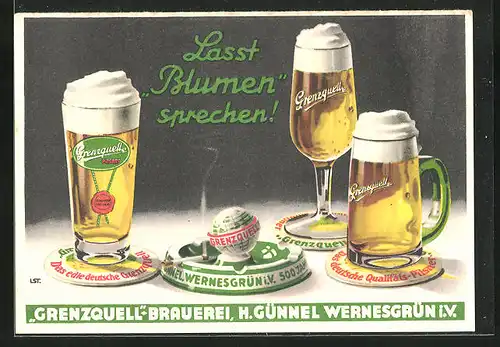 AK Wernesgrün i. V., Brauerei-Werbung für Grenzquell-Brauerei von H. Günnel