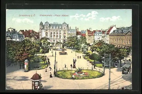 AK Strassburg i. E., Kleberplatz mit Denkmal und Strassenbahn