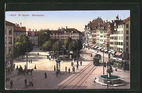 AK St. Gallen, Marktplatz mit Geschäft Brunnen, Strassenbahn