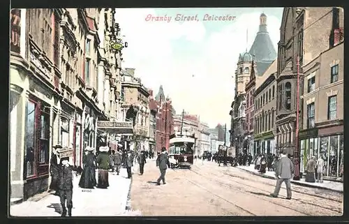 AK Leicester, Granby Street, Strassenpartie mit Strassenbahn