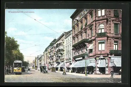 AK Wiesbaden, Rheinstrasse mit Eisenbahn-Hotel und Strassenbahn