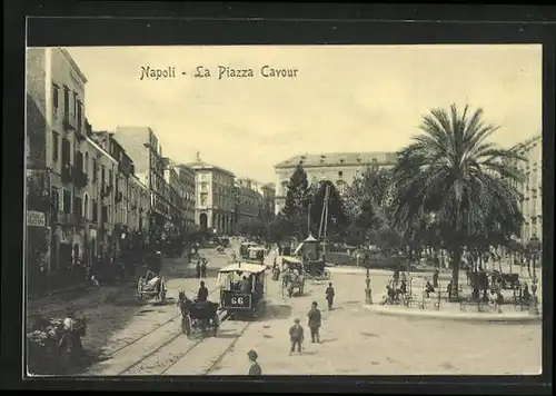 AK Napoli, La Piazza Cavour, Strassenbahn