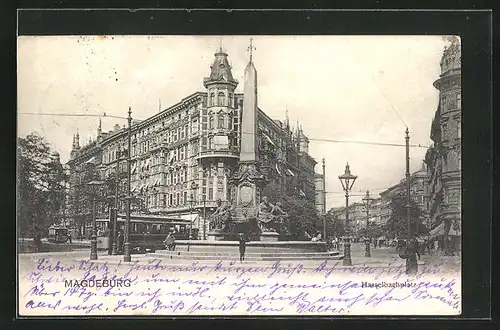 AK Magdeburg, Hasselbachplatz mit Strassenbahn am Brunnen