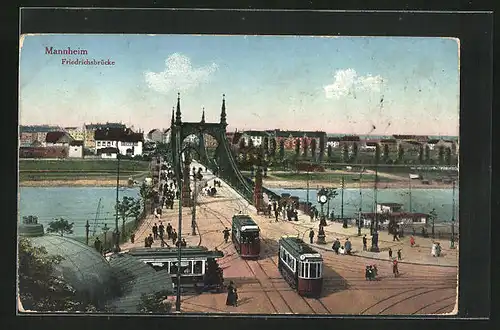 AK Mannheim, Strassenbahnverkehr an der Friedrichsbrücke