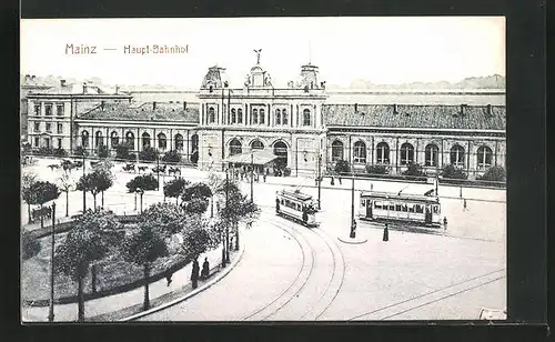 AK Mainz, Strassenbahnen vor dem Hauptbahnhof