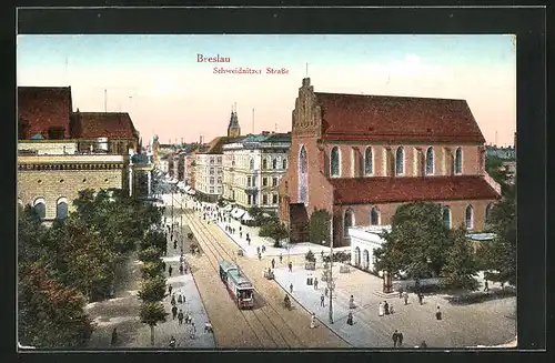 AK Breslau, Strassenbahn auf der Schweidnitzer Strasse