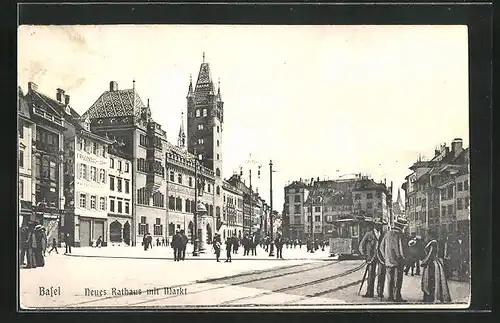 AK Basel, Neues Rathaus und Kaffeerösterei am Markt, Strassenbahn