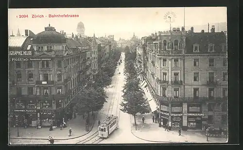 AK Zürich, Bahnhofstrasse mit Geschäften und Strassenbahn