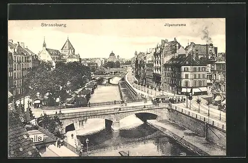 AK Strassburg, Jilpanorama und Brücke mit Strassenbahn