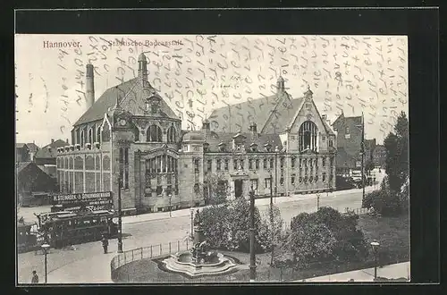 AK Hannover, Städtische Badeanstalt mit Strassenbahn