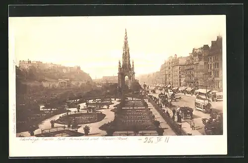 AK Edinburgh, Castle, Scott Monument, Princes Street, Strassenbahn